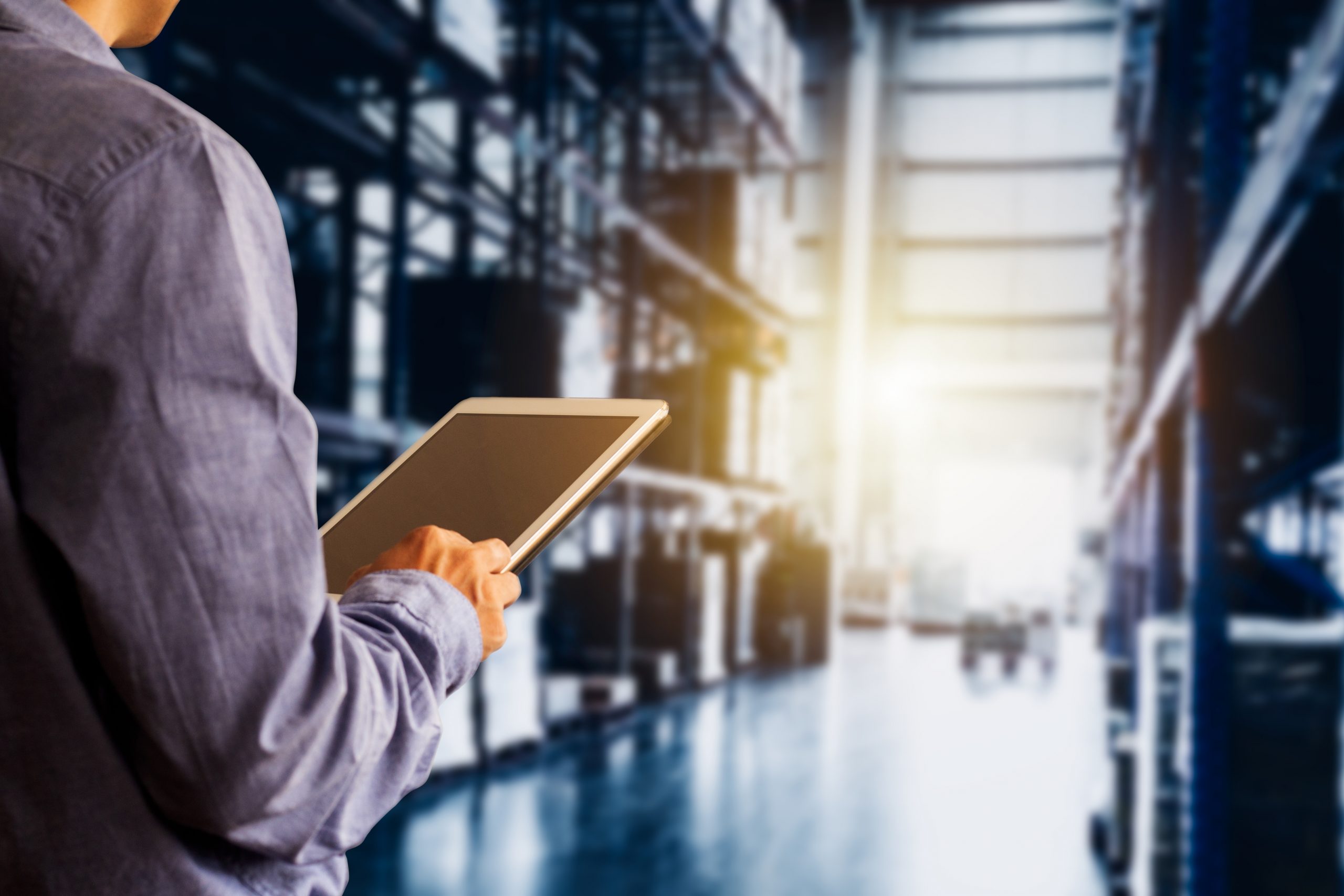 man looking at computer software in warehouse